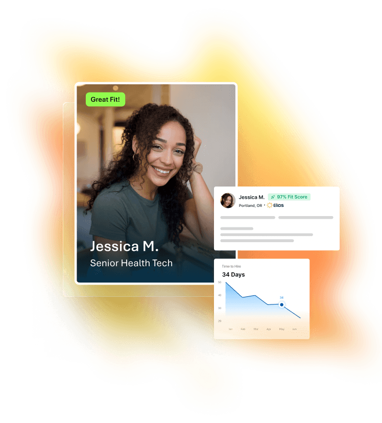 woman looking at the camera smiling, a card with match profile